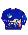 NWOT Mini Boden Appliqué Sweatshirt - Starboard Blue Garden Birds