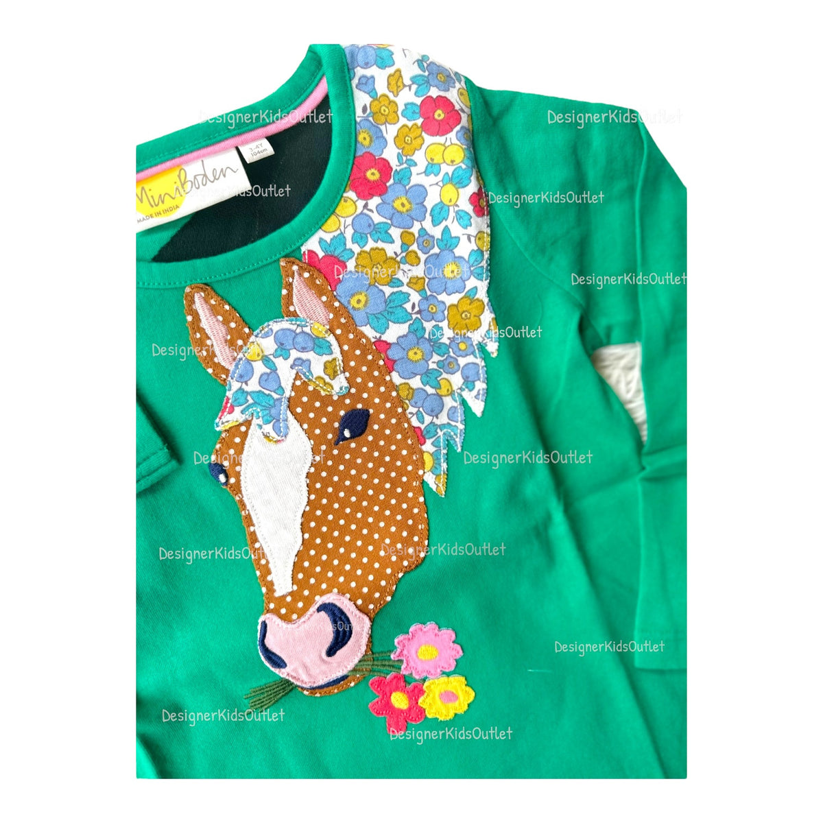 mini boden horse dress Girls Horse Tee Floral Appliqué | Green Long Sleeve Shirt
