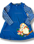 Mini Boden Girls Owl Appliqué Dress with Striped Long Sleeves – Denim Blue & Cream