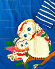 Mini Boden Girls Owl Appliqué Dress with Striped Long Sleeves – Denim Blue & Cream
